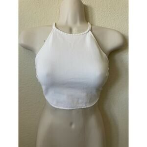 Solemio High Neck Mesh Side Panel Criss Cross Back Crop Top Blouse Size S